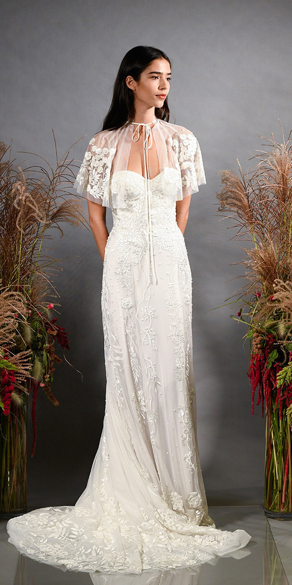 wedding dresses fall 2019 sheath sweetheart neckline with cape floral lace hermione de paula 150+ Best Bridal Fashion Trends and Ideas for Fall/winter - 158