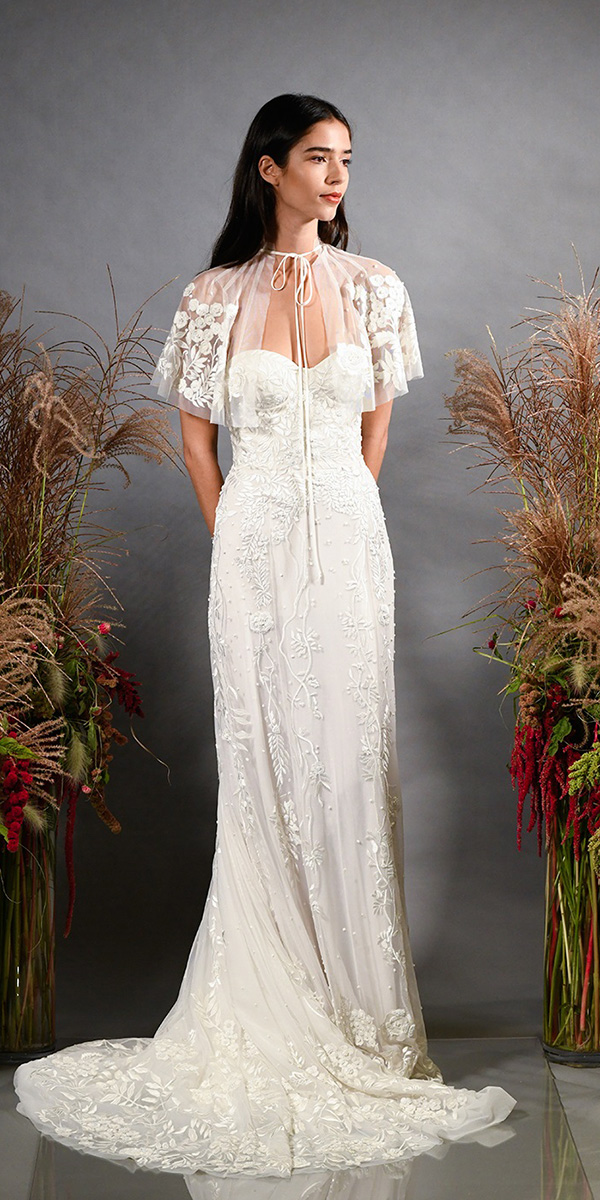 wedding-dresses-fall-2019-sheath-sweetheart-neckline-with-cape-floral-lace-hermione-de-paula 150+ Bridal Fashion Trends and Ideas for Fall/winter 2020