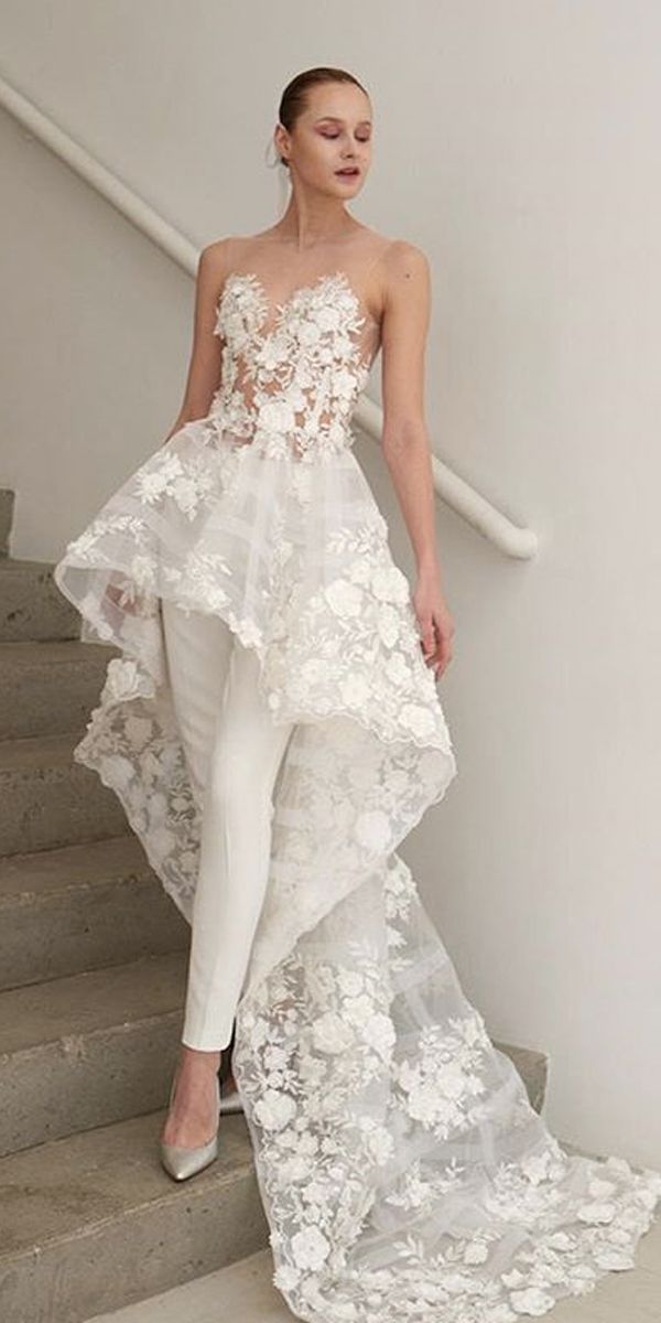 wedding pantsuit ideas lace over skirt illusion sweetheart neck with train francesca miranda 1 150+ Best Bridal Fashion Trends and Ideas for Fall/winter - 133