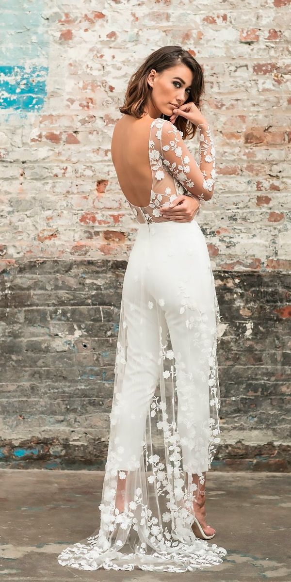 wedding pantsuit ideas open back long sleeves with train rime arodaky 150+ Best Bridal Fashion Trends and Ideas for Fall/winter - 134