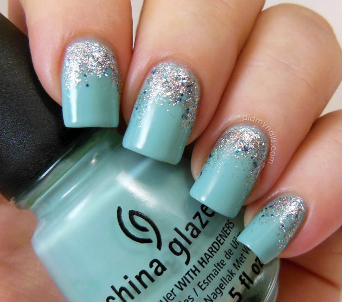 Tiffany blue and glitter nail art +60 Hottest Nail Design Ideas for Your Graduation - 5