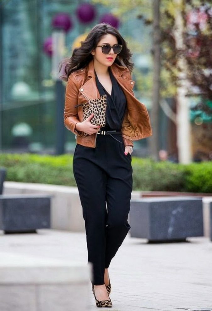 jumpsuit with leather jacket winter outfit 70+ Elegant Winter Outfit Ideas for Business Women - 73