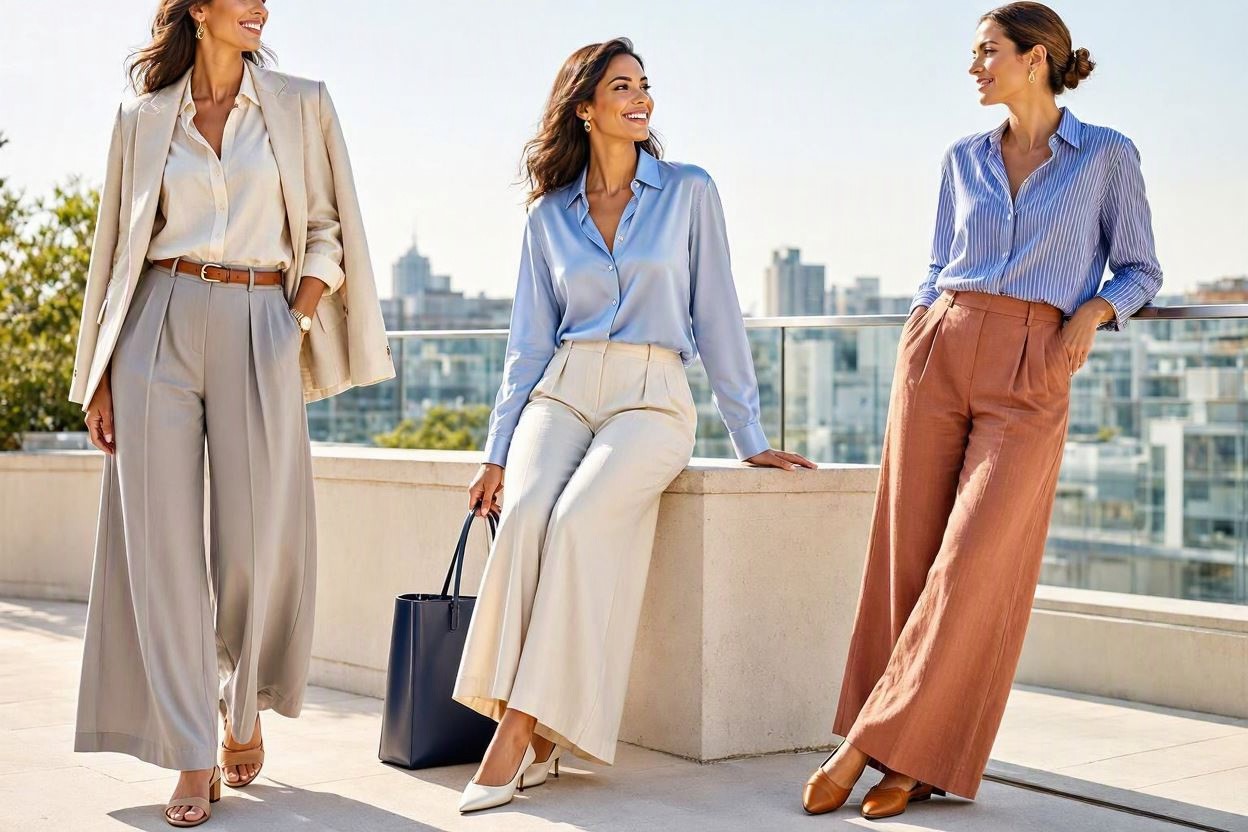 15 Elegant Summer Outfit Ideas for Business Women 9 Button Down Shirt with Elegant Palazzo Pants 15 Elegant Summer Outfit Ideas for Business Women - 9