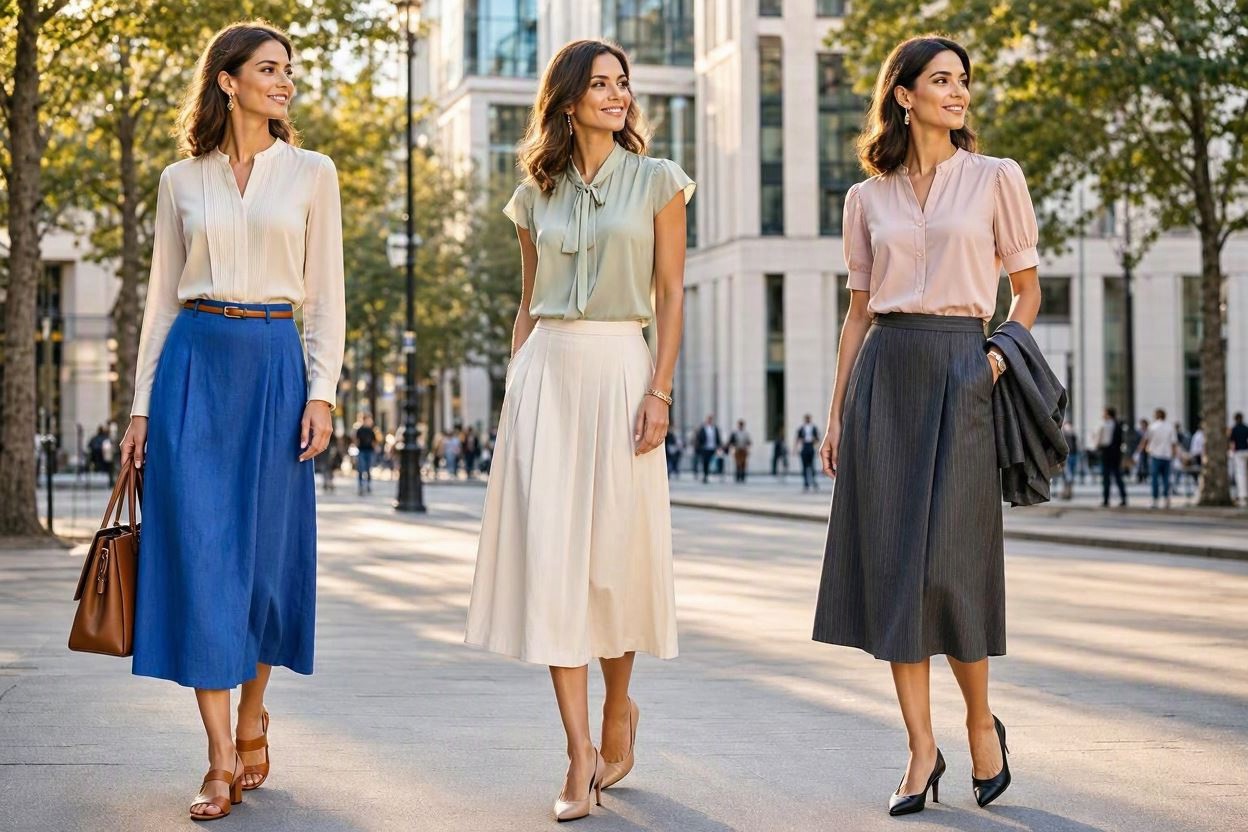 15 Elegant Summer Outfit Ideas for Business Women 13 Feminine Blouse with an A Line Midi Skirt 15 Elegant Summer Outfit Ideas for Business Women - 13
