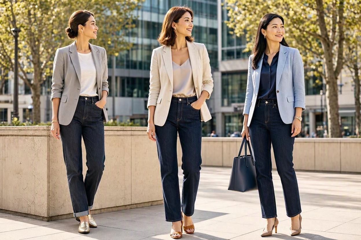 15 Elegant Summer Outfit Ideas for Business Women 16 Lightweight Blazer with Dark Straight Leg Jeans 15 Elegant Summer Outfit Ideas for Business Women - 16