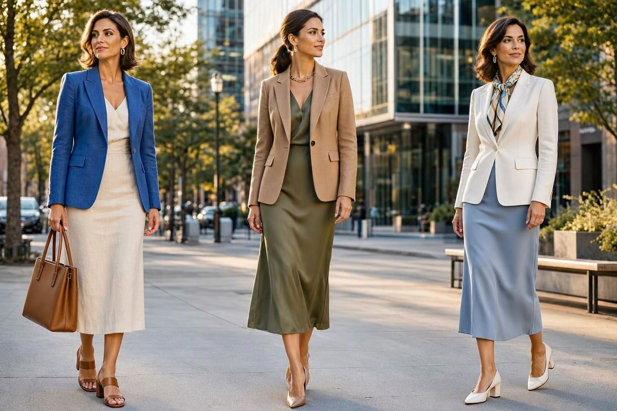 15 Elegant Summer Outfit Ideas for Business Women 4 Midi Dress with a Structured Blazer 15 Elegant Summer Outfit Ideas for Business Women - 4