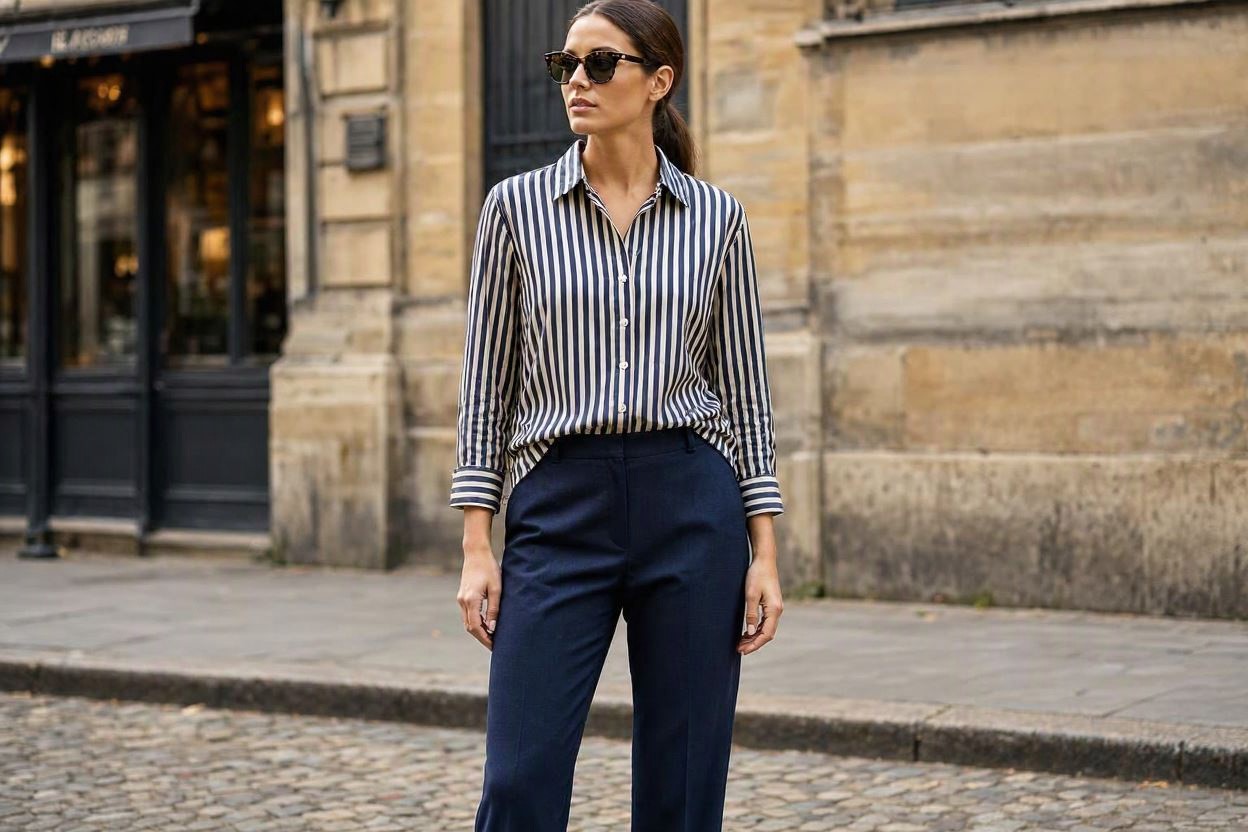 15 Elegant Summer Outfit Ideas for Business Women 12 Striped Button Down Shirt with Navy Trousers 15 Elegant Summer Outfit Ideas for Business Women - 12