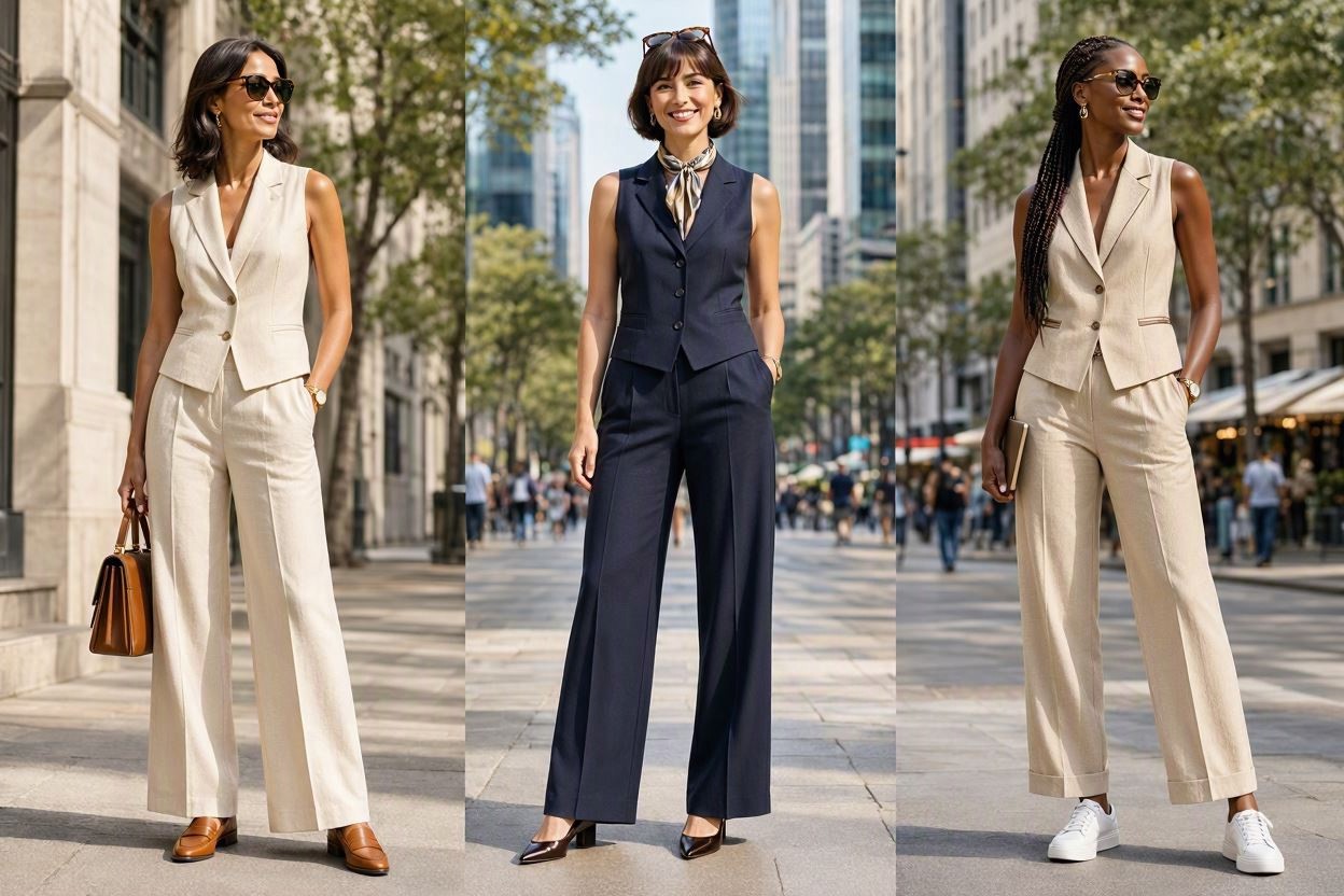 15 Elegant Summer Outfit Ideas for Business Women 11 Tailored Vest Suit with Wide Leg Trousers 15 Elegant Summer Outfit Ideas for Business Women - 11