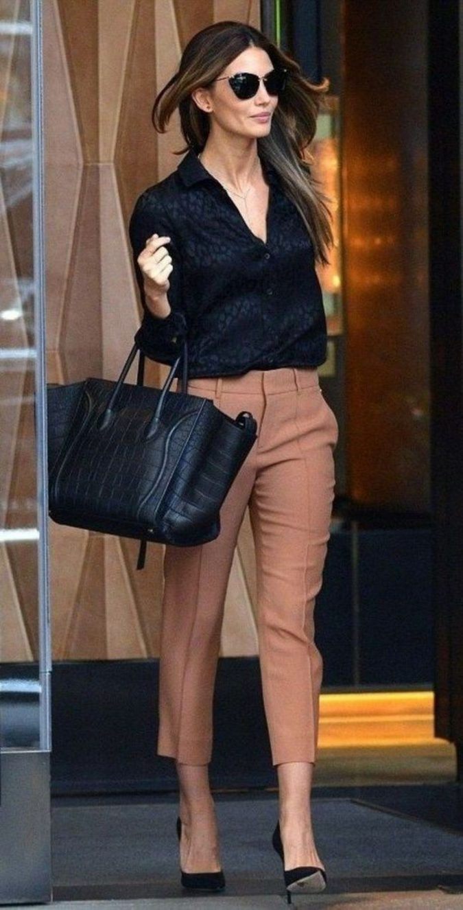 summer-work-outfit-black-shirt-and-beige-pants-1-675x1326 80+ Elegant Summer Outfit Ideas for Business Women