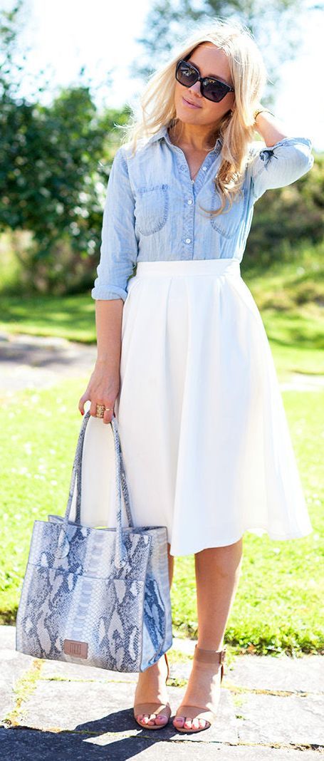 summer work outfit jeans shirt and white skirt 80+ Elegant Summer Outfit Ideas for Business Women - 53