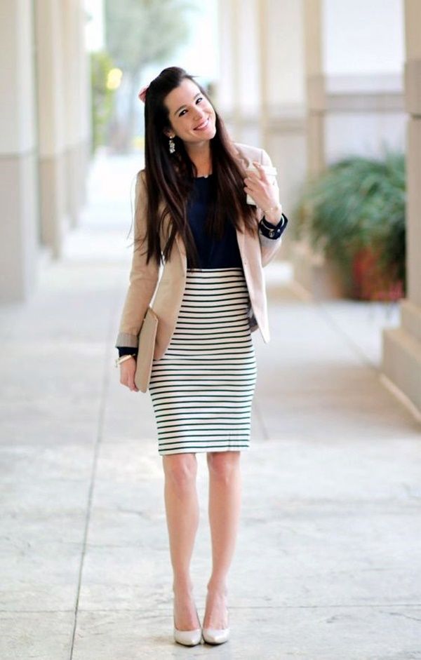 summer work outfit striped skirt blue shirt blazer 80+ Elegant Summer Outfit Ideas for Business Women - 46