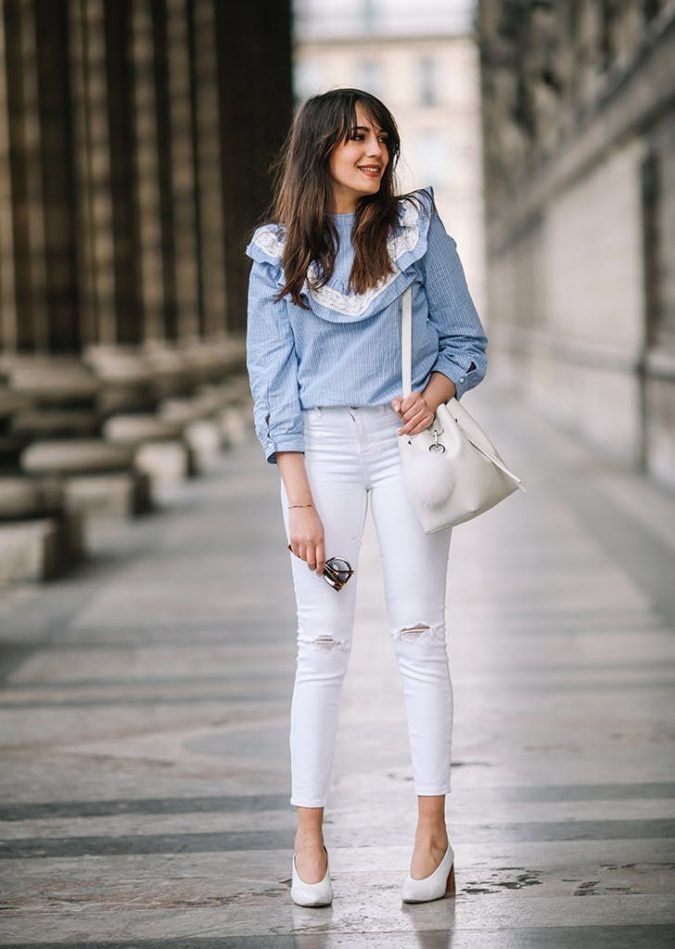 summer-work-outfit-white-pants-blue-shirt-675x949 80+ Elegant Summer Outfit Ideas for Business Women