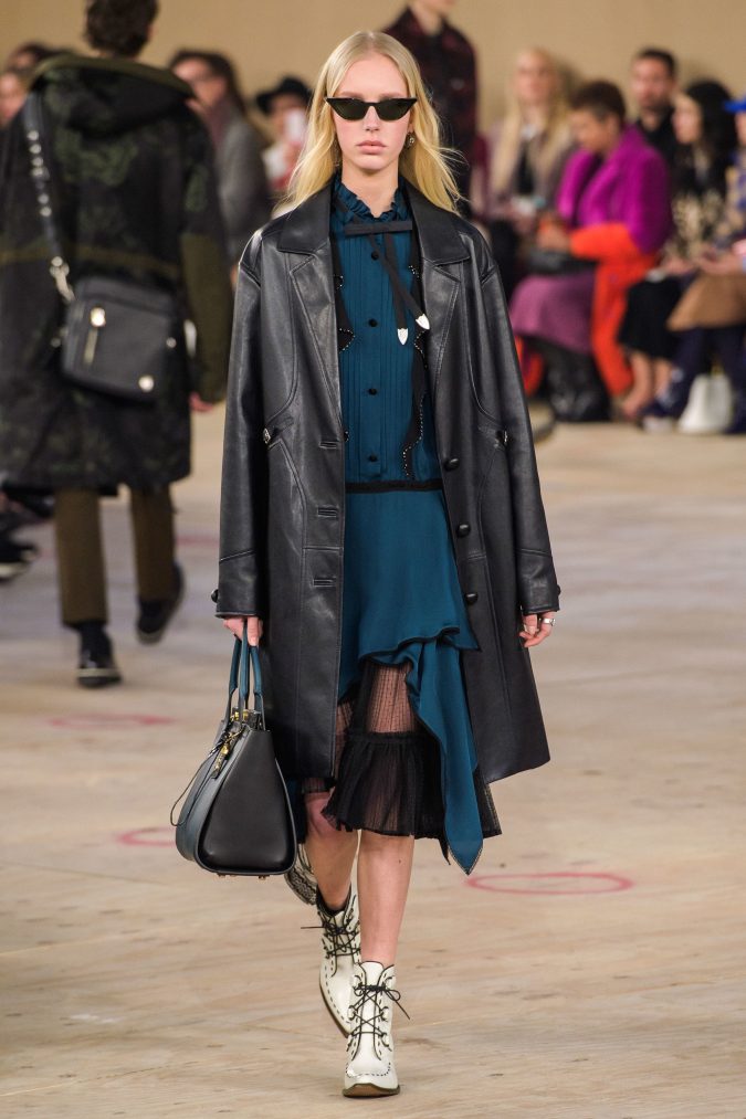 fall-winter-fashion-2020-ruffled-dress-leather-coat-Coach-675x1013 45+ Elegant Work Outfit Ideas for Fall and Winter 2020