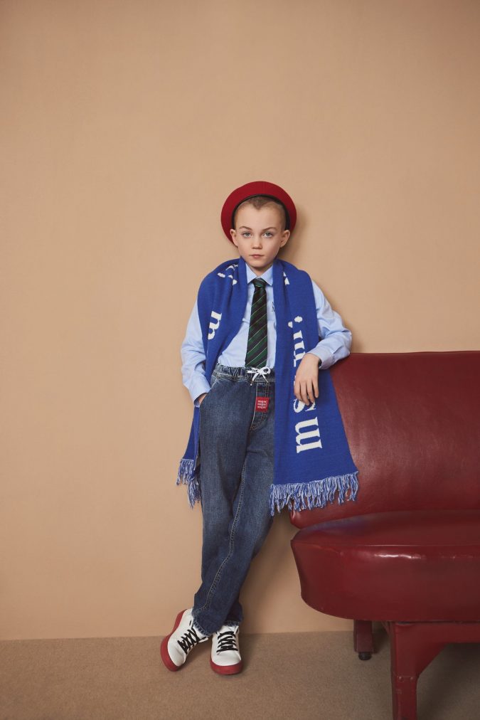 fall winter kids fashion 2020 blue scarf denim pants shirt MSGM 15 Cutest Kids Fashion Trends for Winter - 5