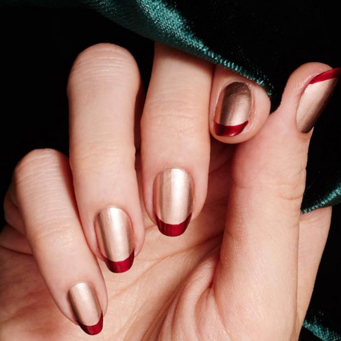 Top 10 Most Luxurious Nail Designs 28 metallic gold and red nails french manicure Top 10 Most Luxurious Nail Designs - 28