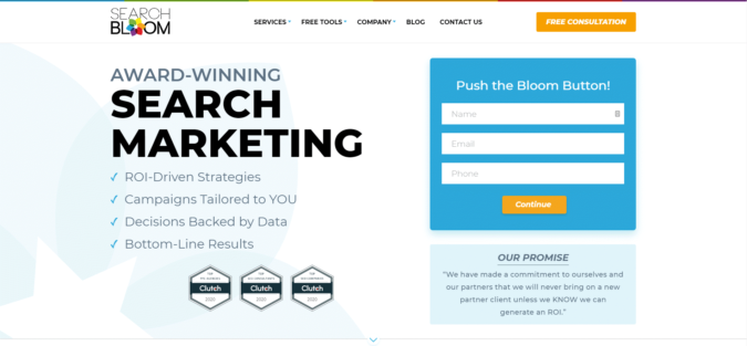 Searchbloom Search Engine Marketing Homepage Abovefold Top 75 SEO Companies & Services in the World - 10