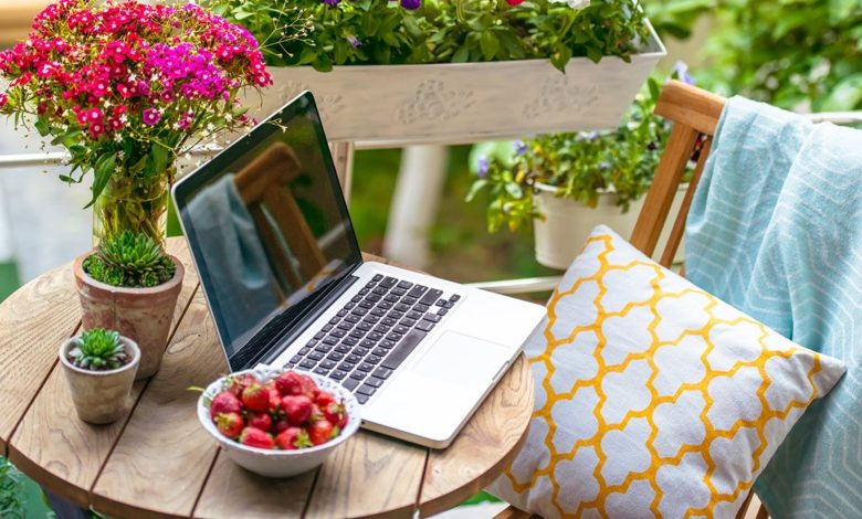 laptop working in home garden 2 3 Ways to Benefit the Most from Staying at Home - TEFL course 1