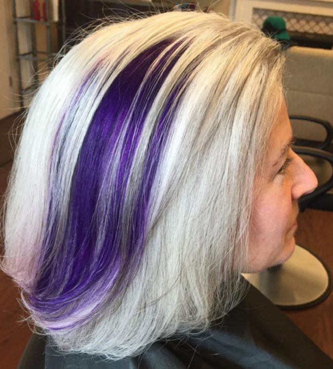 Naturallygray and purple blue tips 1 15 Beautiful Gray Hairstyles that Suit All Women Over 50 - 35