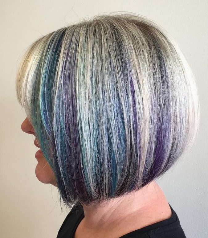 The-Gray-purple-and-blue-bob-675x772 15 Beautiful Gray Hairstyles that Suit All Women Over 50