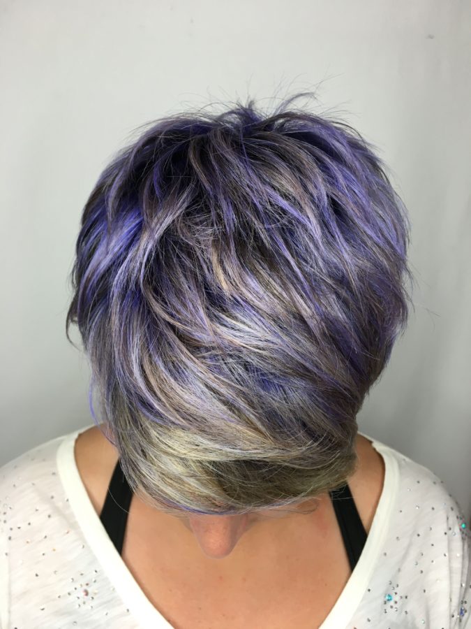 The Gray purple and blue bob. 15 Beautiful Gray Hairstyles that Suit All Women Over 50 - 32