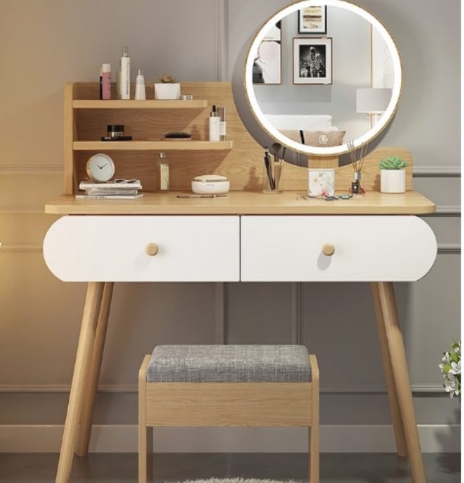 A table set with round regular mirror. 1 Hottest 50+ Stylish Makeup Vanity Ideas - 44