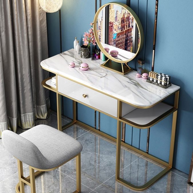 A table set with round regular mirror. Hottest 50+ Stylish Makeup Vanity Ideas - 43