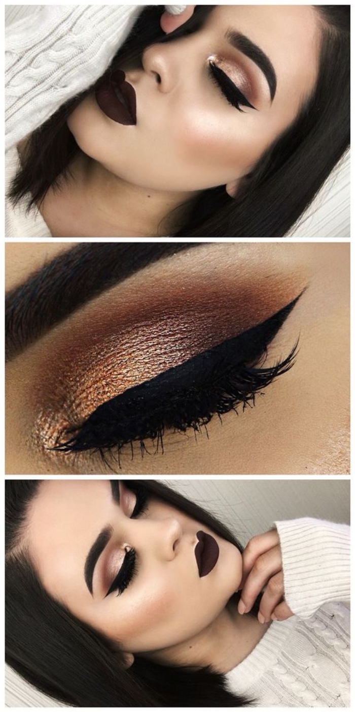 Shimmery-Bronze-With-Thick-Eyeliner 60+ Hottest Smokey Eye Makeup Looks in 2022