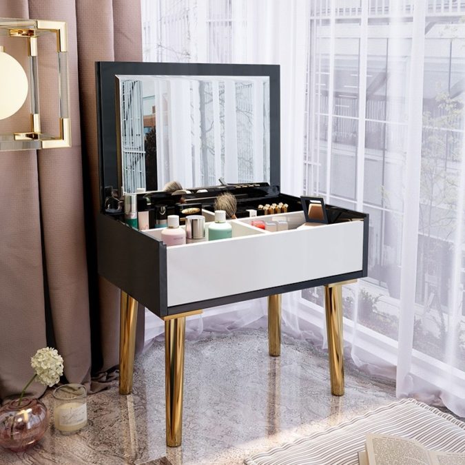 Table with multiple storage space. Hottest 50+ Stylish Makeup Vanity Ideas - 16