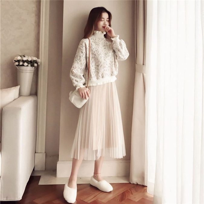 women outfit pleated skirt lace blouse What Women Should Wear for a Business Meeting [60+ Outfit Ideas] - 18