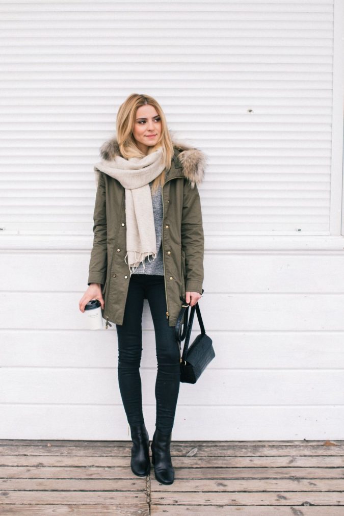 Parka jacket and a scarf 1 140+ Lovely Women's Outfit Ideas for Winter - 7