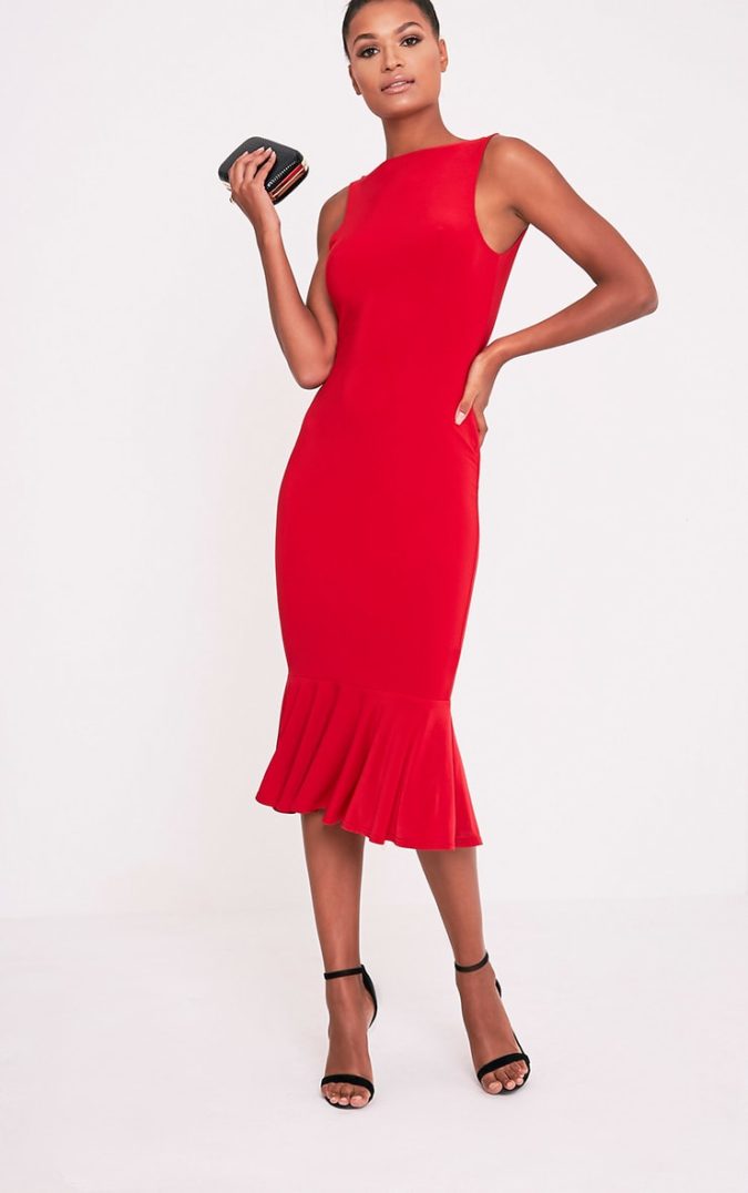Red midi dress 1 120 Splendid Women's Outfits for Evening Weddings - 22