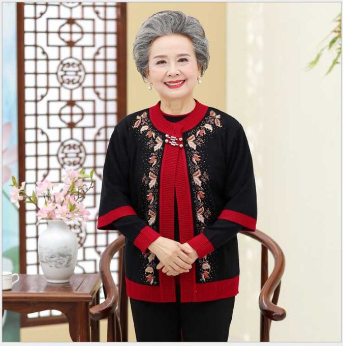 Embroidered-sweater-suit-675x680 110+ Elegant Outfit Ideas for Women Over 60
