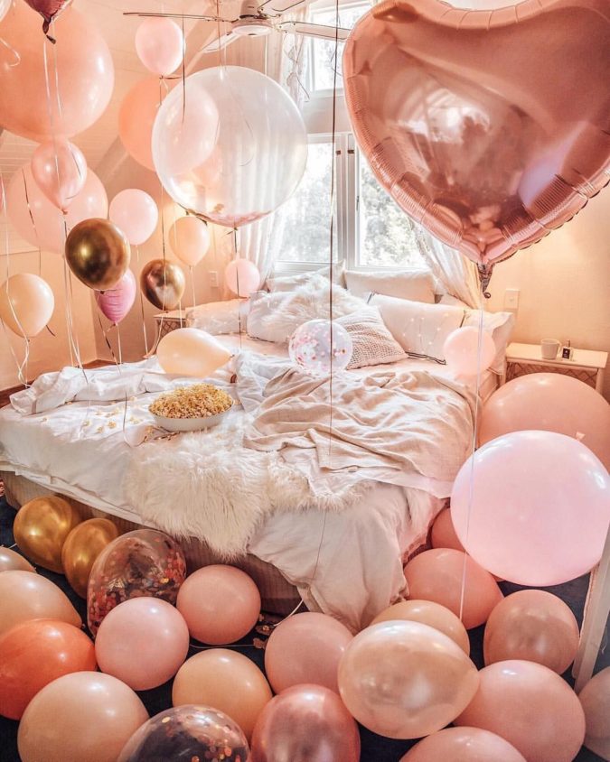 Bed full of balloons 1 70+ Hottest Marriage Anniversary Decoration Ideas at Home - 64