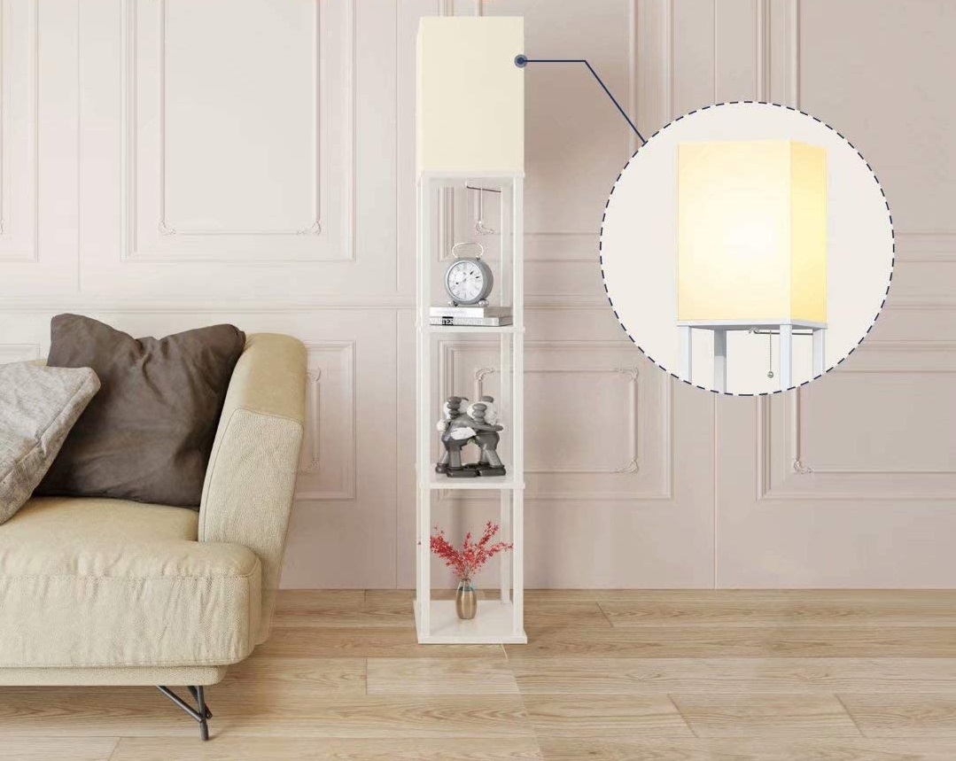 10 Unique Floor Lamps to Brighten Your Living Room 12 Add LED Modern Shelf Floor Lamp with White Lamp Shade 1 10 Unique Floor Lamps to Brighten Your Living Room - 12