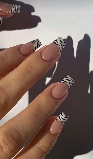 nude nails zebra pattern tips