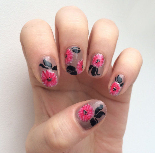 pink and grey floral nail art