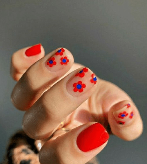 negative space red floral nail art