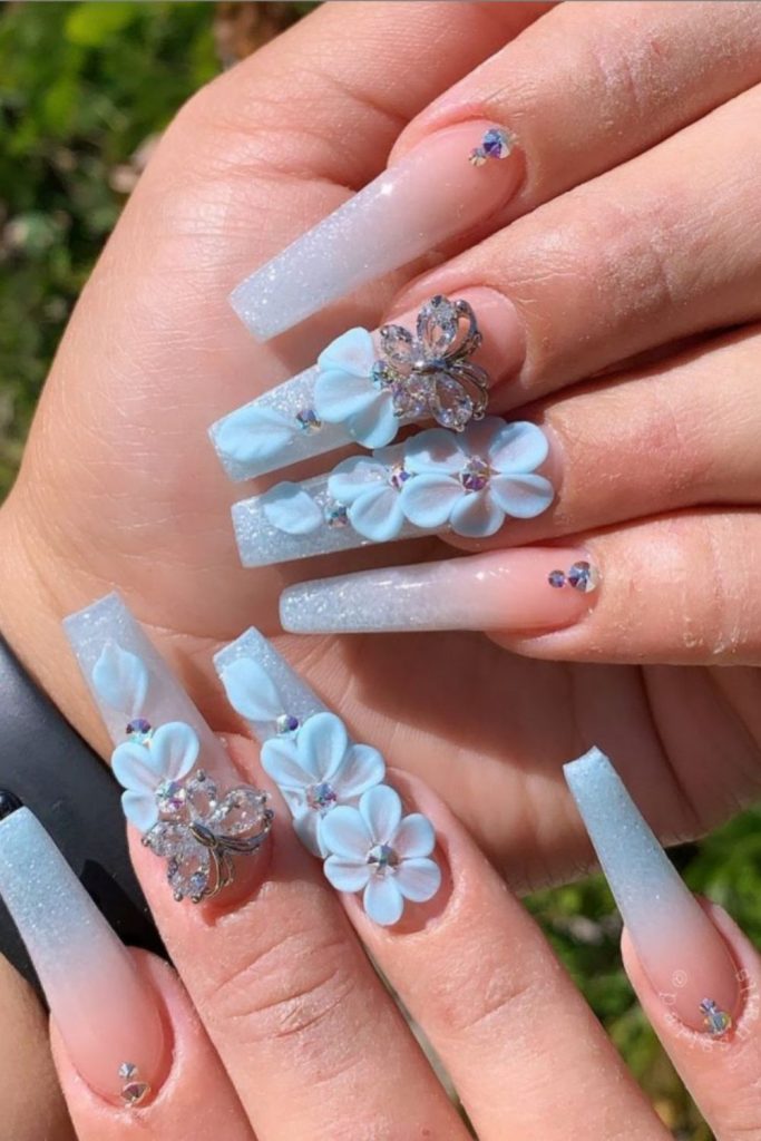 3D floral Acrylic Nails in blue 1 90+ Hottest 3D Acrylic Nails With Flower Designs - 3 3D acrylic nails with flower designs