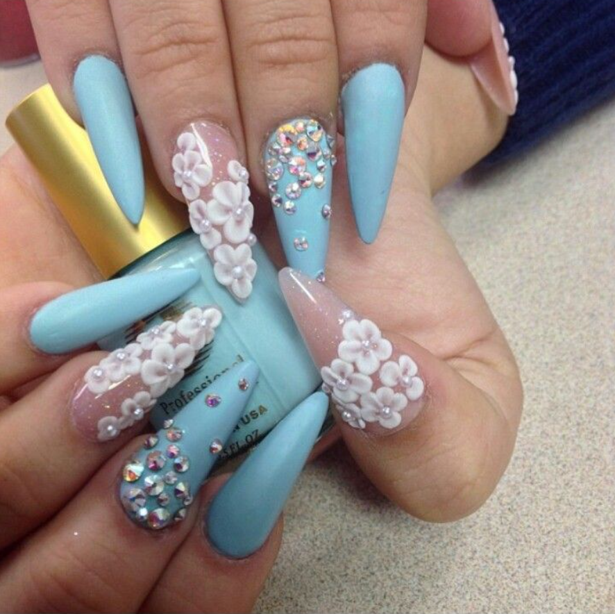 Blue Nails. 90+ Hottest 3D Acrylic Nails With Flower Designs - 5 3D acrylic nails with flower designs