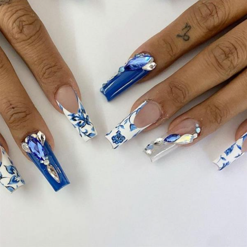 Blue Nails 90+ Hottest 3D Acrylic Nails With Flower Designs - 6 3D acrylic nails with flower designs