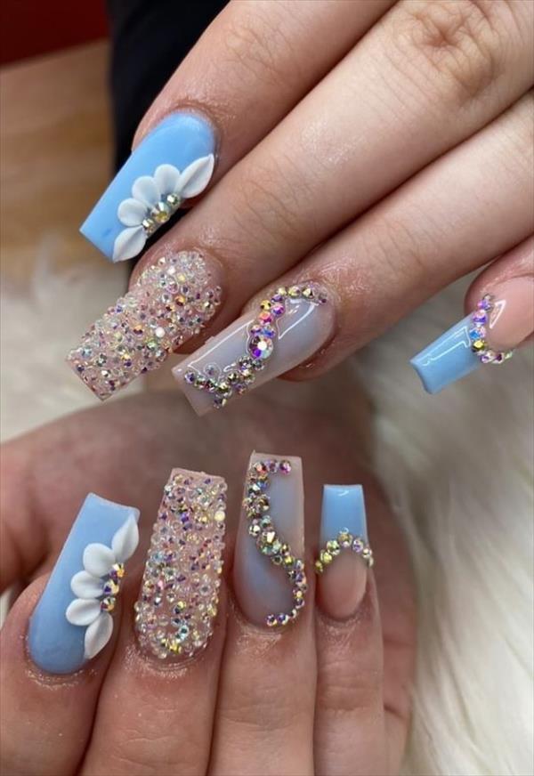 blue Nails 90+ Hottest 3D Acrylic Nails With Flower Designs - 8 3D acrylic nails with flower designs