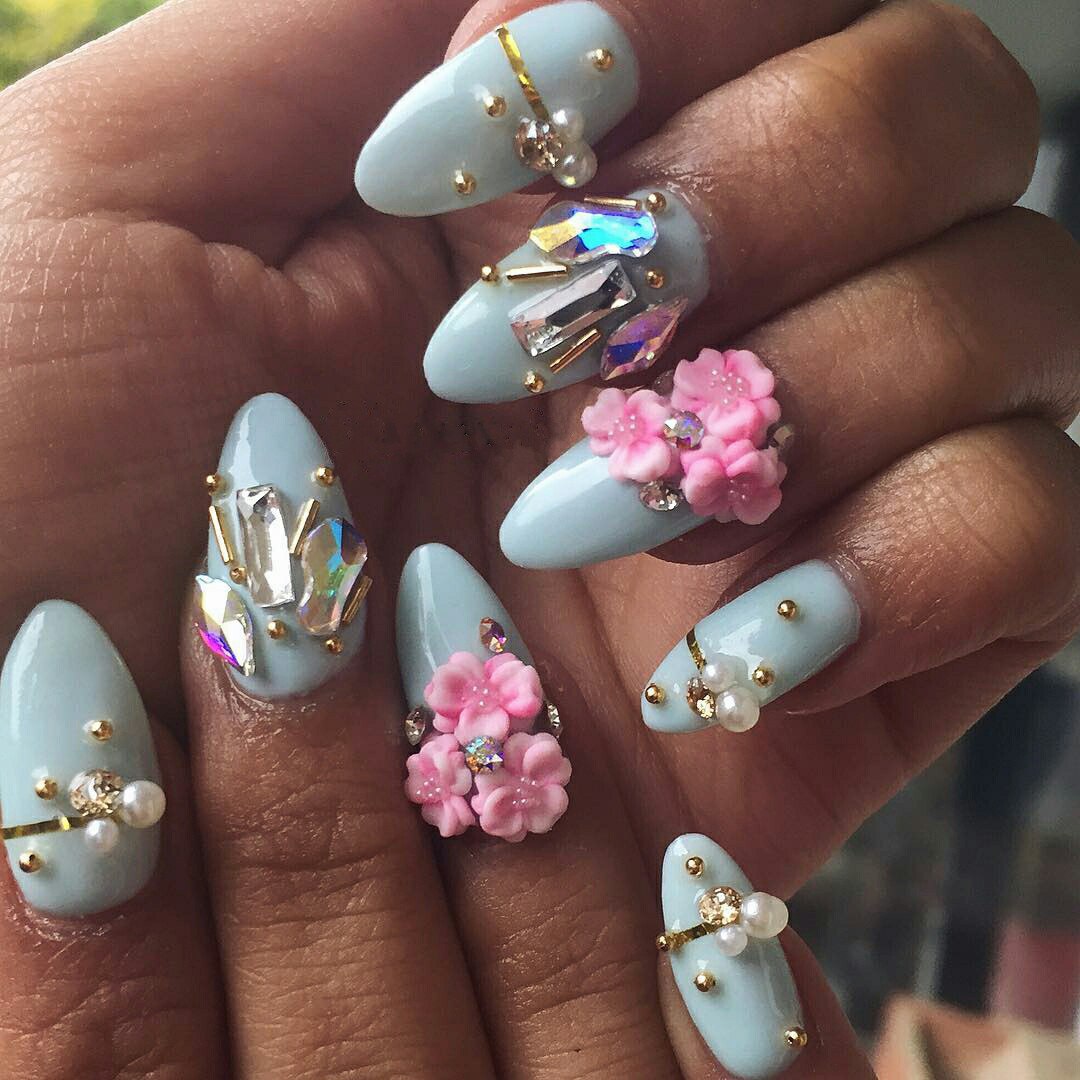 Attractive Floral 3D Nail in Blue Design