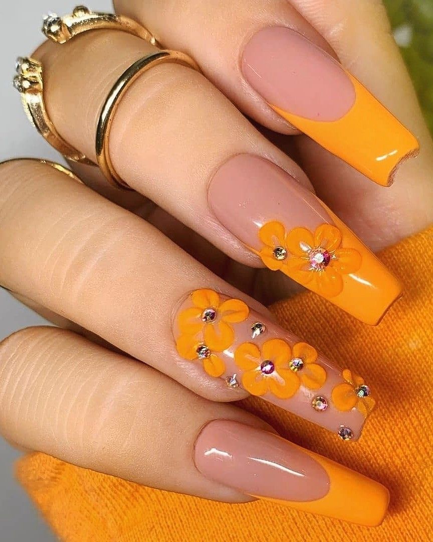 orange floral 3D nail art 1 90+ Hottest 3D Acrylic Nails With Flower Designs - 50 3D acrylic nails with flower designs
