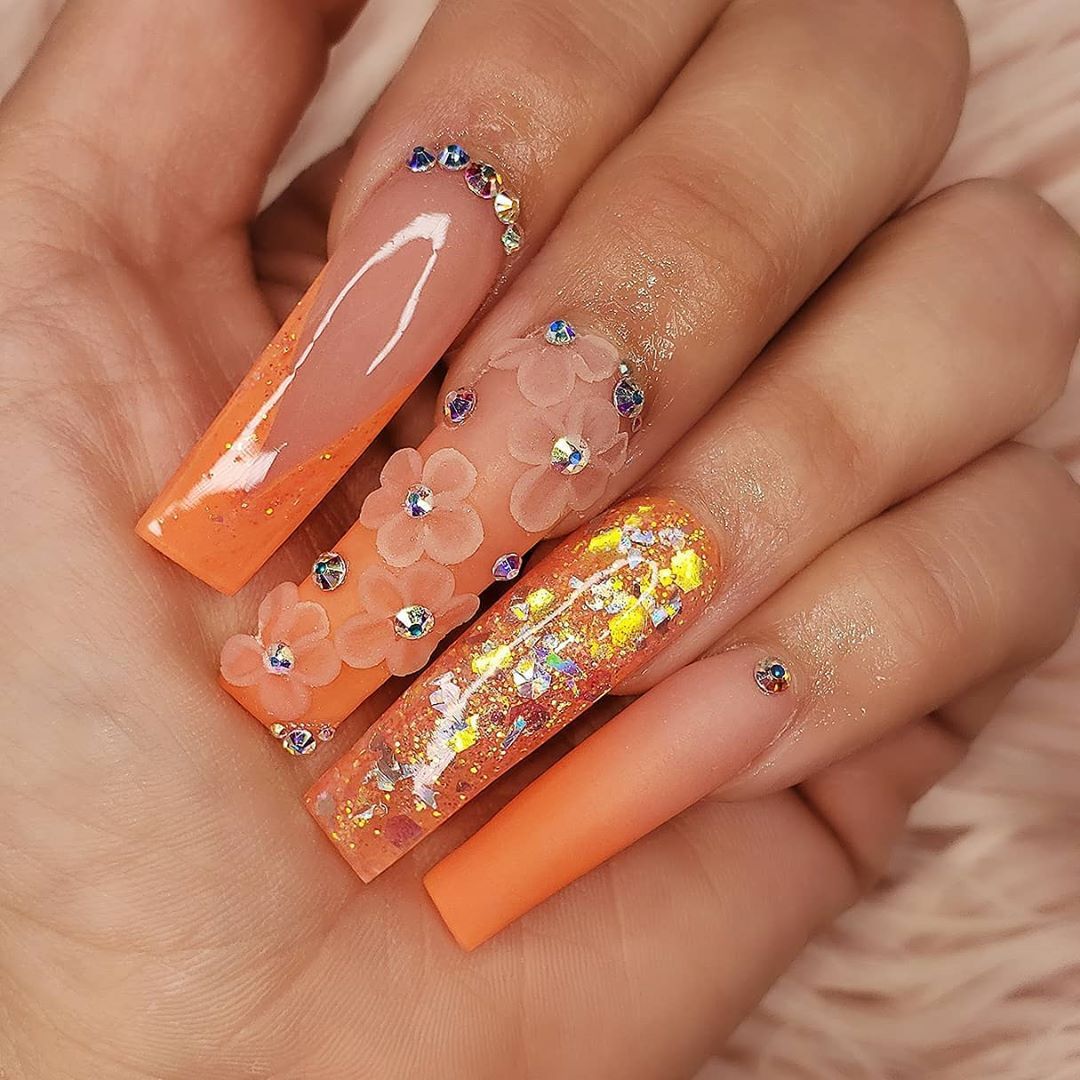 90+ Hottest 3D Acrylic Nails With Flower Designs 59 orange floral 3D nail art 90+ Hottest 3D Acrylic Nails With Flower Designs - 48 3D acrylic nails with flower designs