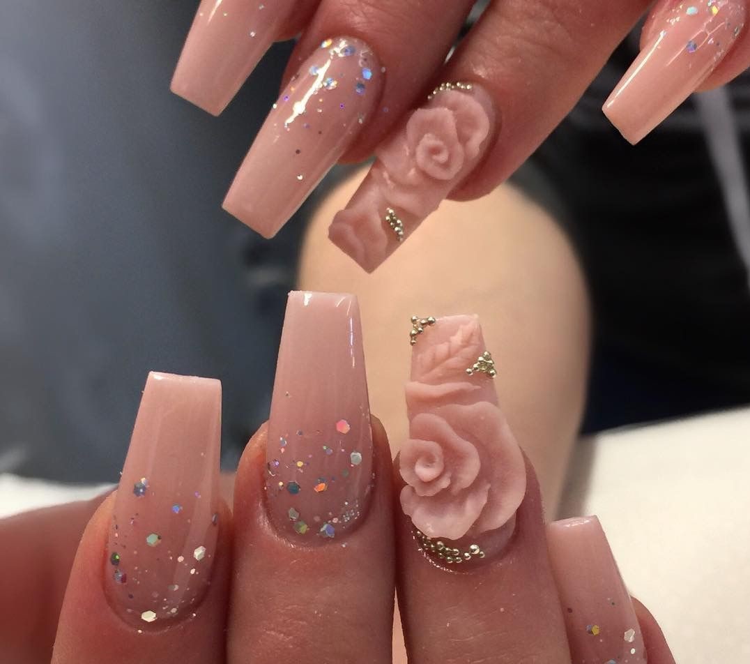 pink floral 3D nail art. 90+ Hottest 3D Acrylic Nails With Flower Designs - 23 3D acrylic nails with flower designs