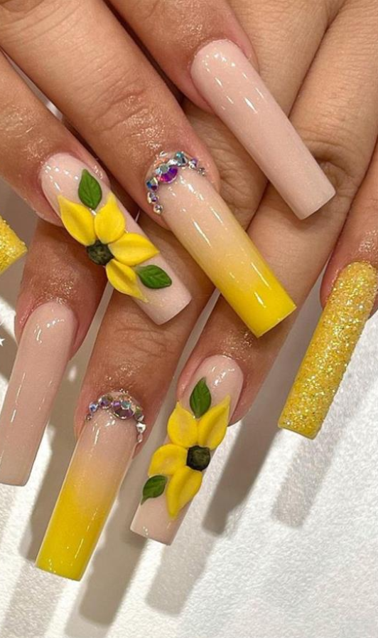 sunflower 90+ Hottest 3D Acrylic Nails With Flower Designs - 47 3D acrylic nails with flower designs