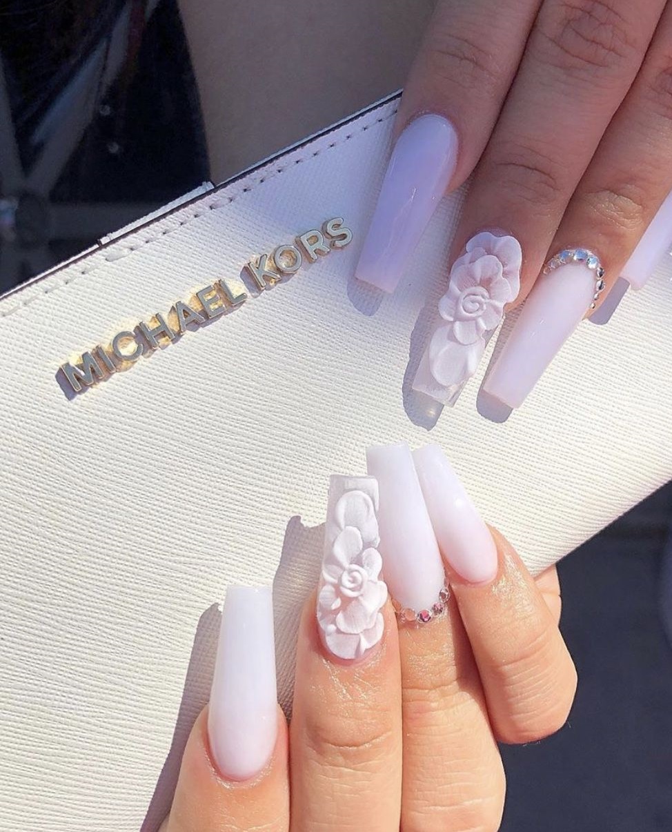White 3D acrylic nails with flower design