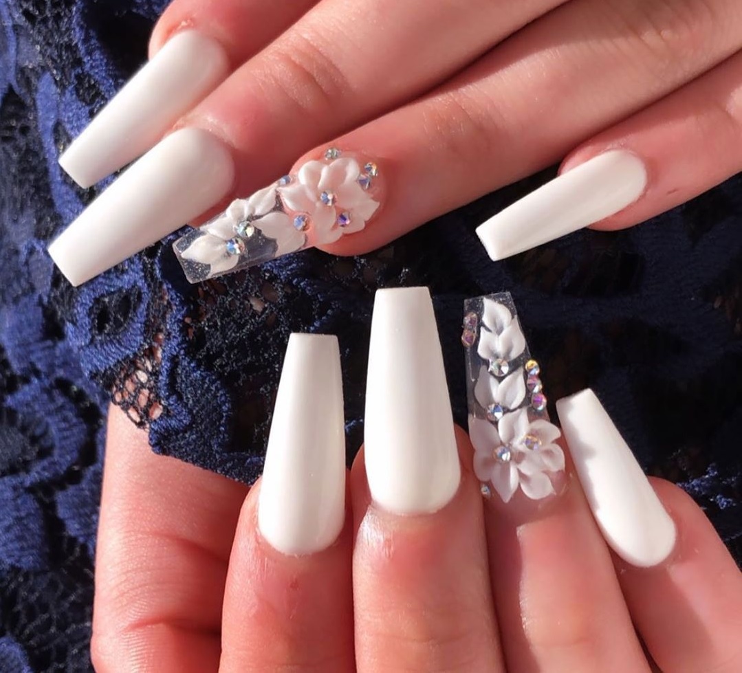 white 3D acrylic nails With flower design