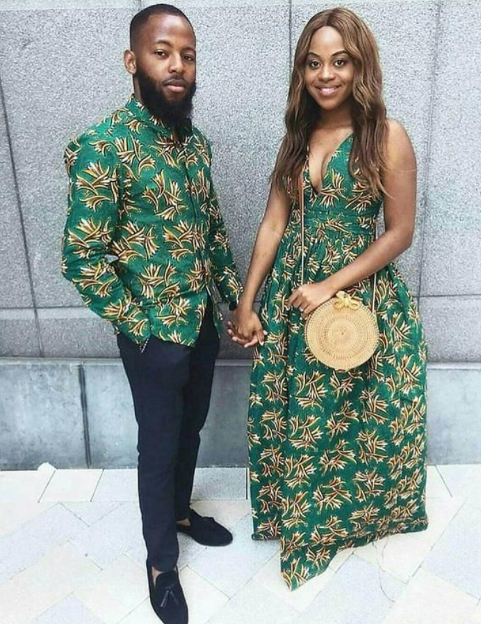 Tropical-printed-traditional-attire 8 Cutest Matching Outfits for Boyfriend And Girlfriend