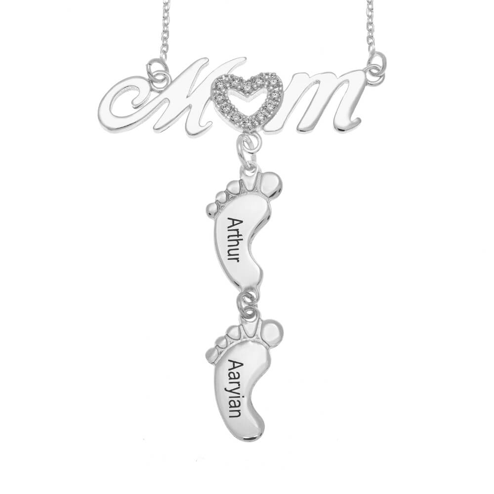 Inlay Mom Necklace with Baby Feet In 925 Sterling Silver